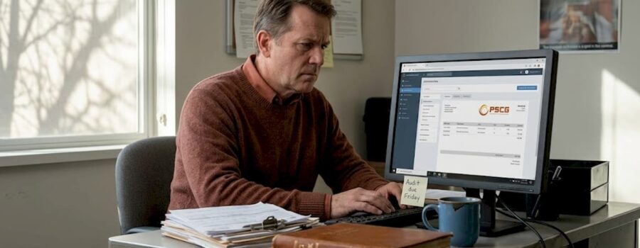 EMS administrator reviews billing paperwork at desk