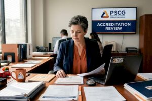 Public safety manager reviews accreditation documents