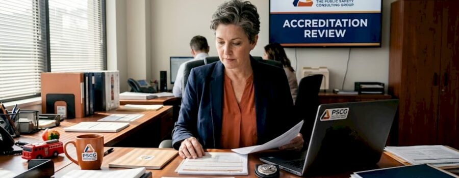 Public safety manager reviews accreditation documents
