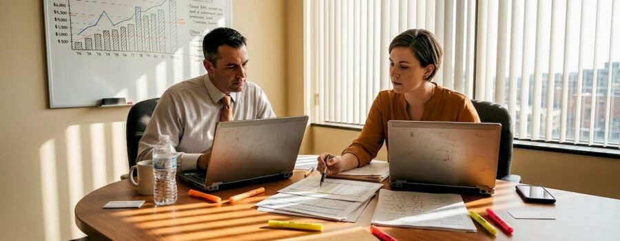 EMS managers reviewing financial data in office