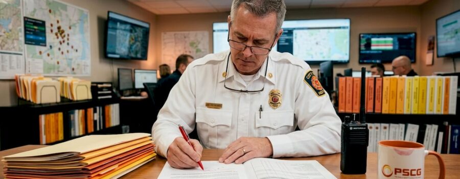 Fire chief assessing report at table