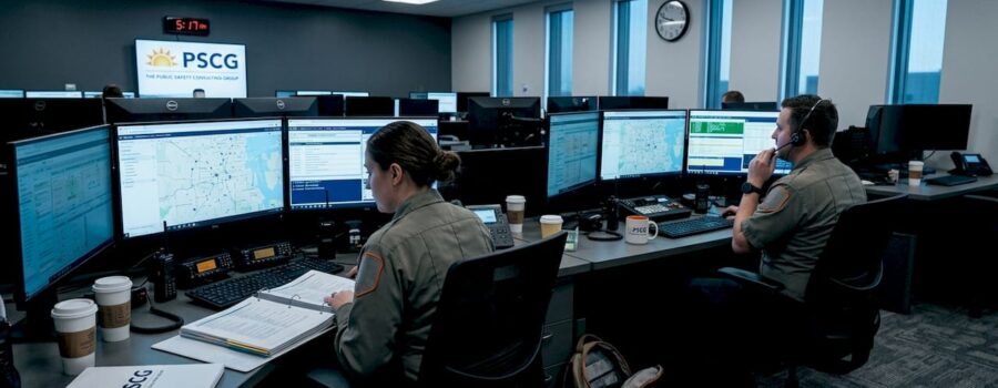 EMS dispatchers coordinating at control center workstations