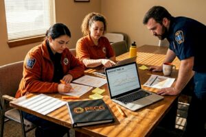 EMS team reviewing response time data in meeting room