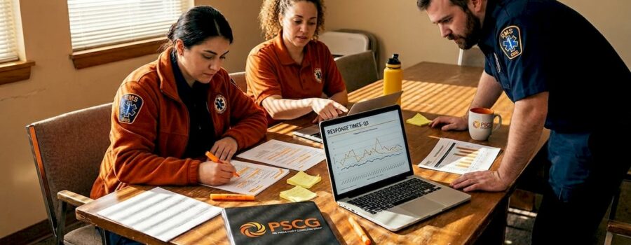 EMS team reviewing response time data in meeting room