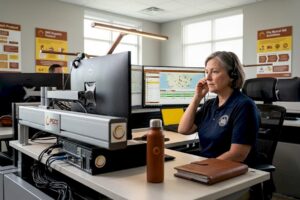 Dispatcher reviewing alerts at 911 workspace