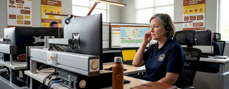 Dispatcher reviewing alerts at 911 workspace