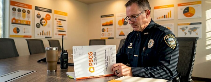 Police captain reviewing organizational assessment report