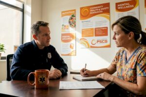 Paramedic and nurse reviewing case notes