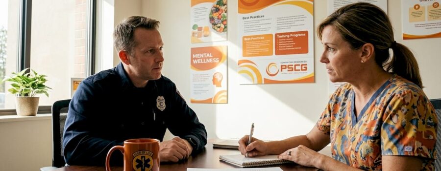 Paramedic and nurse reviewing case notes