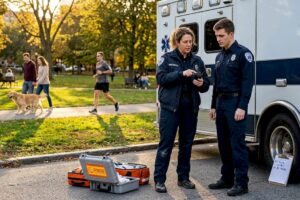 Paramedic teaching field skills by ambulance