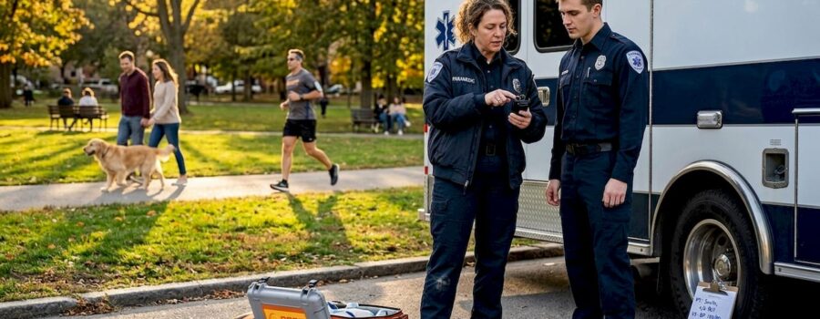 Paramedic teaching field skills by ambulance