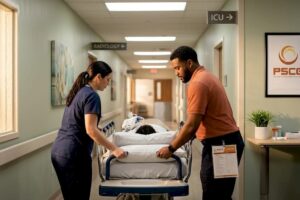 Nurse and technician transferring patient in hospital