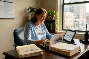 EMS leader reviews reports at corner office desk