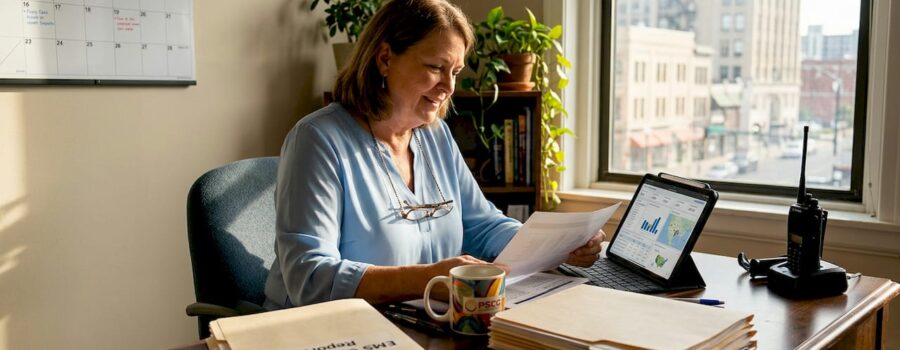 EMS leader reviews reports at corner office desk