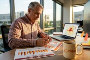 EMS analyst reviewing staffing data at desk
