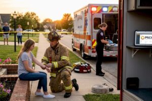 Firefighter and paramedic at city emergency scene