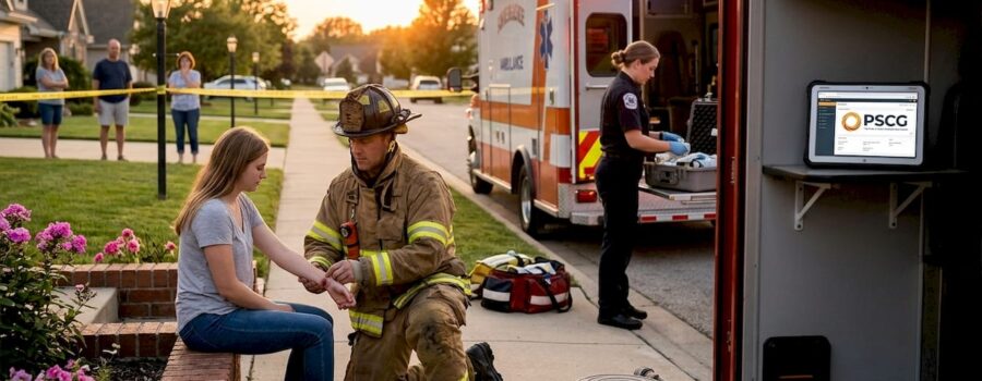 Firefighter and paramedic at city emergency scene