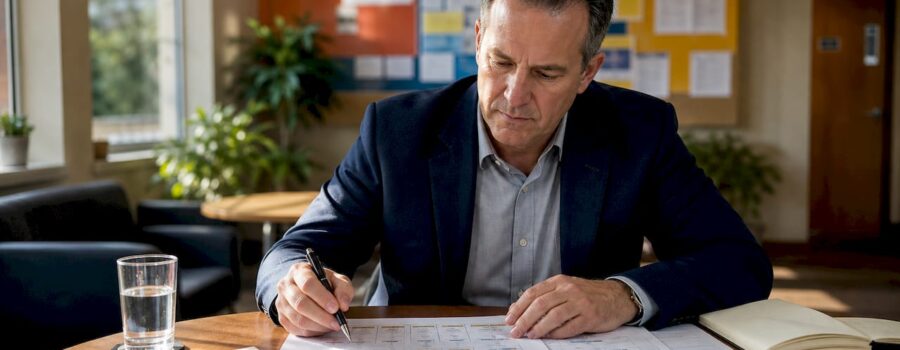 Public safety chief reviewing organizational charts