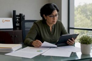Woman reviewing public safety grant documents