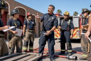 Firefighters receiving safety briefing indoor