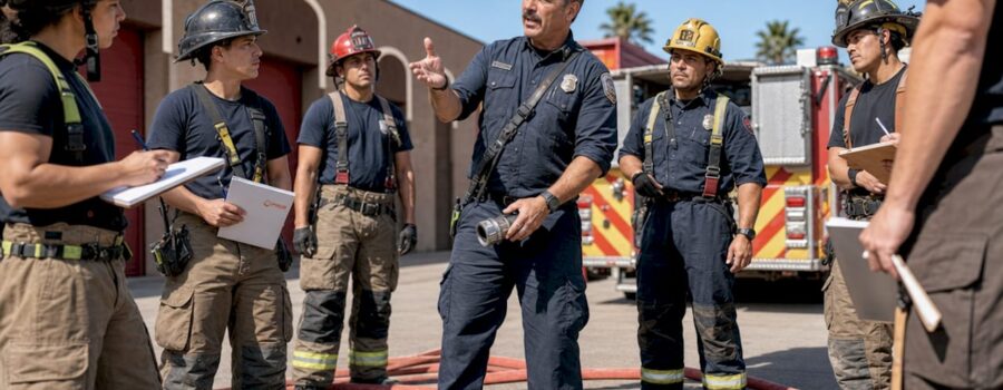 Firefighters receiving safety briefing indoor