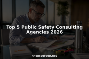 Consultant reviewing public safety reports at conference table