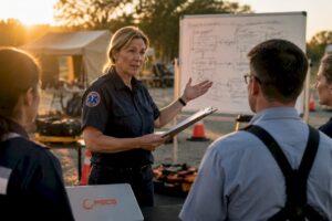 EMS coordinator reviewing disaster plan in conference room