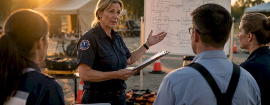 EMS coordinator reviewing disaster plan in conference room
