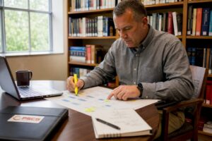 EMS leader reviewing strategy workflow document