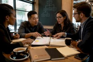 Diverse team reviewing emergency response plan