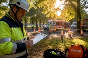 Responder reviewing checklist next to fire engine