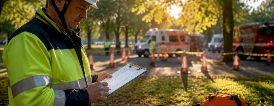 Responder reviewing checklist next to fire engine