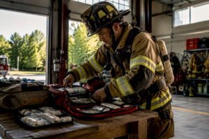 Firefighter-paramedic preparing EMS equipment at fire station