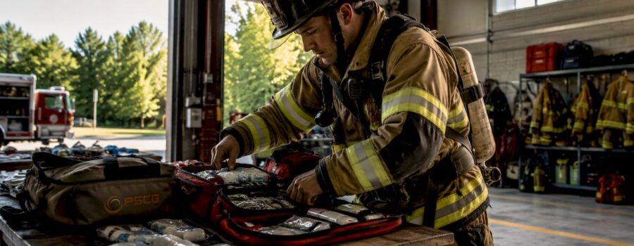 Firefighter-paramedic preparing EMS equipment at fire station
