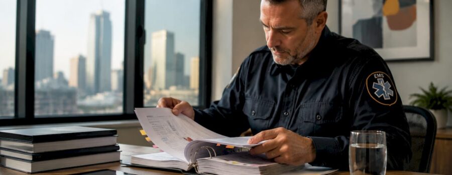 EMS safety officer reviewing risk reports with PSCG logo