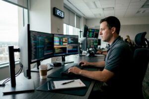Public safety professional working at emergency dashboard