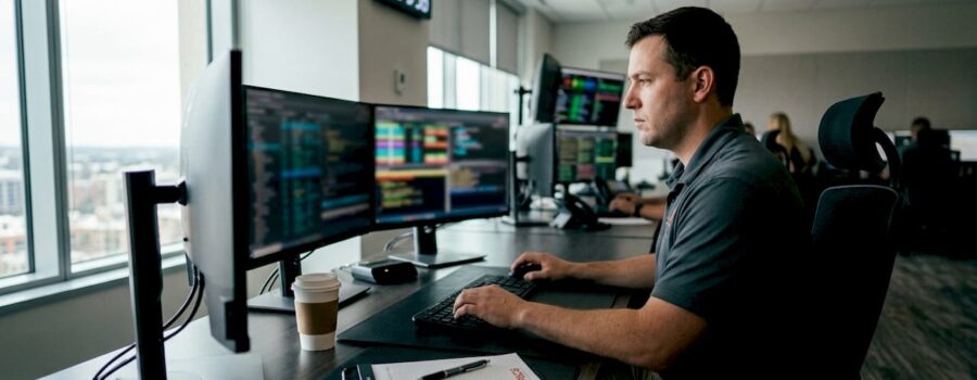 Public safety professional working at emergency dashboard