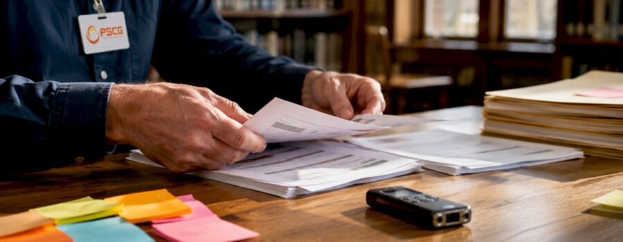 Hands organizing public safety risk reports with PSCG badge visible