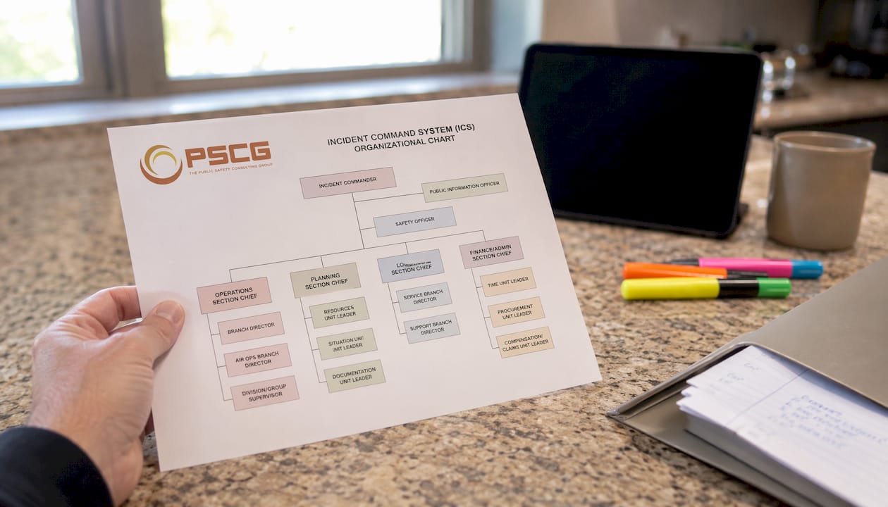 ICS organizational chart printout with PSCG Logo held over desk