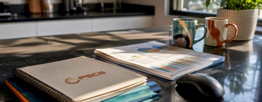 Workspace desk with data analytics tools and PSCG logo