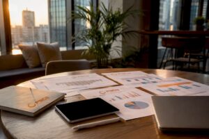 Workspace with devices and PSCG logo
