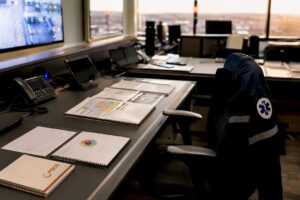 EMS command center workstation with PSCG logo