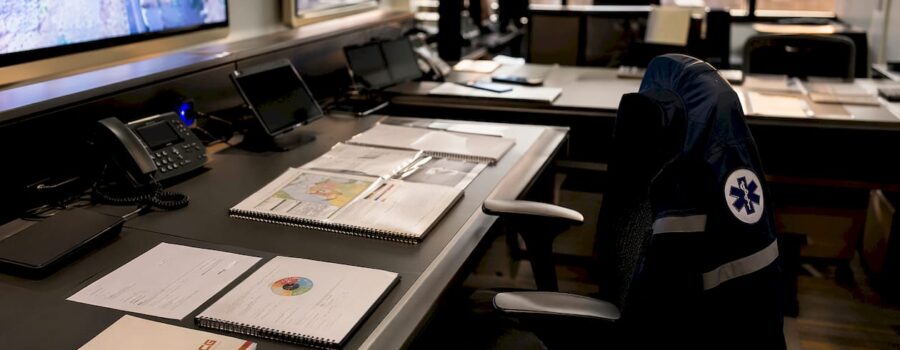 EMS command center workstation with PSCG logo
