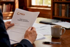 Hand holding grant proposal with PSCG logo in office