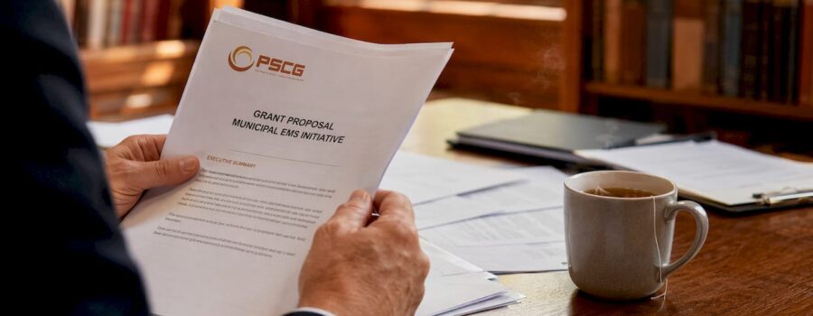 Hand holding grant proposal with PSCG logo in office