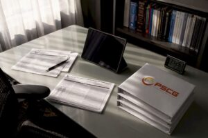 Desk with EMS reports and PSCG logo manuals