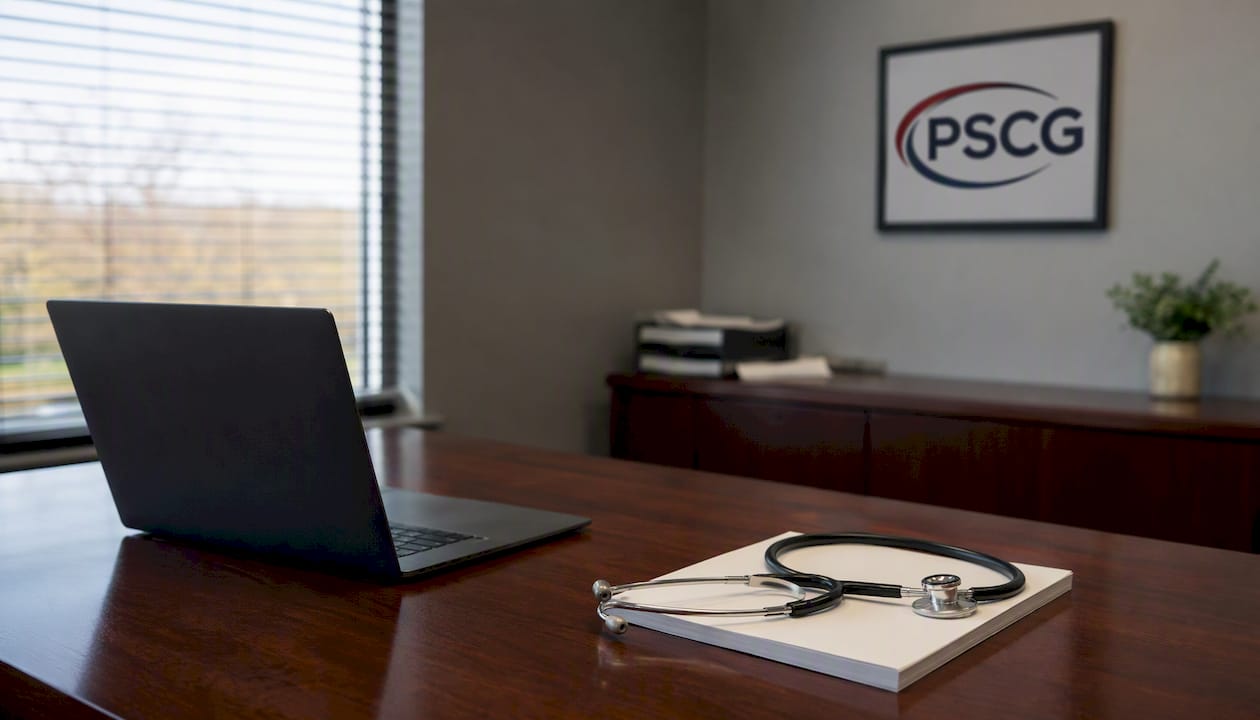 Desk with stethoscope and PSCG logo plaque