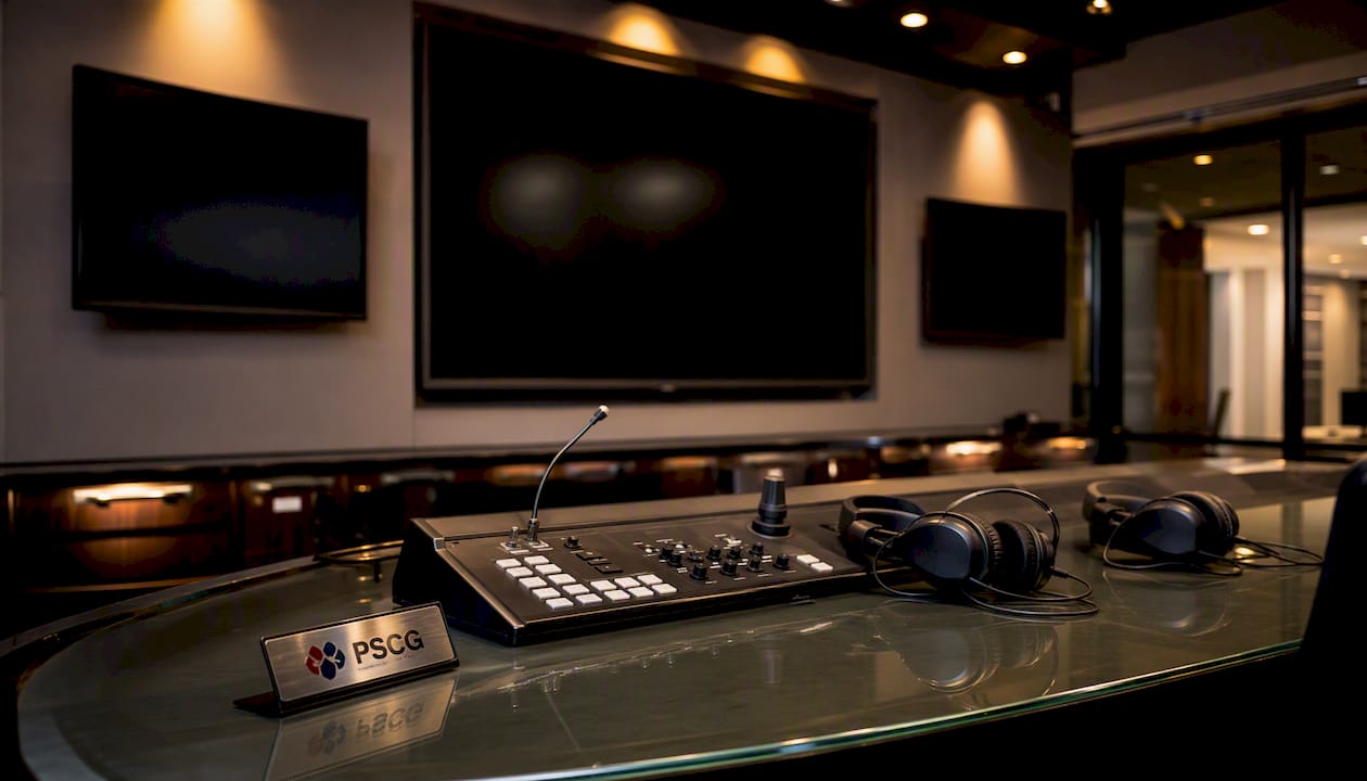EMS operations room technology setup with PSCG logo