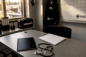 EMS desk with medical tools and PSCG logo