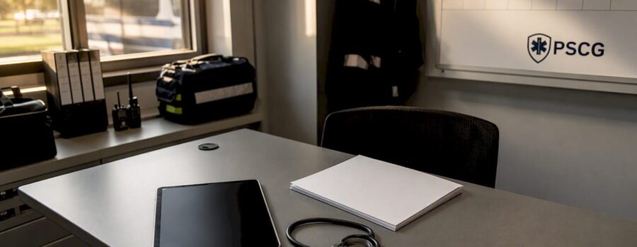 EMS desk with medical tools and PSCG logo